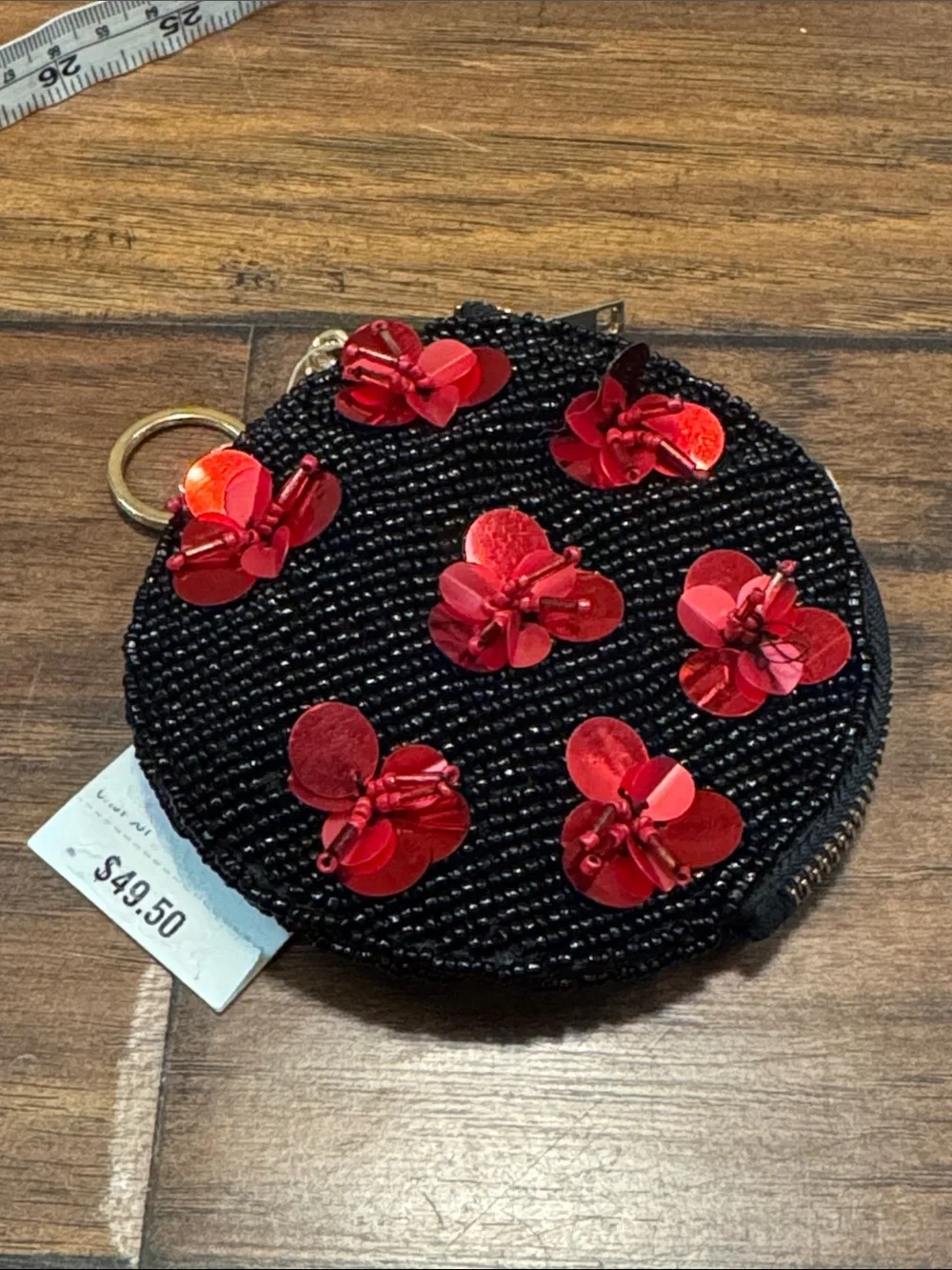 On 34th Black Beaded Red Floral Sequin Round Wristlet Coin Purse NWT